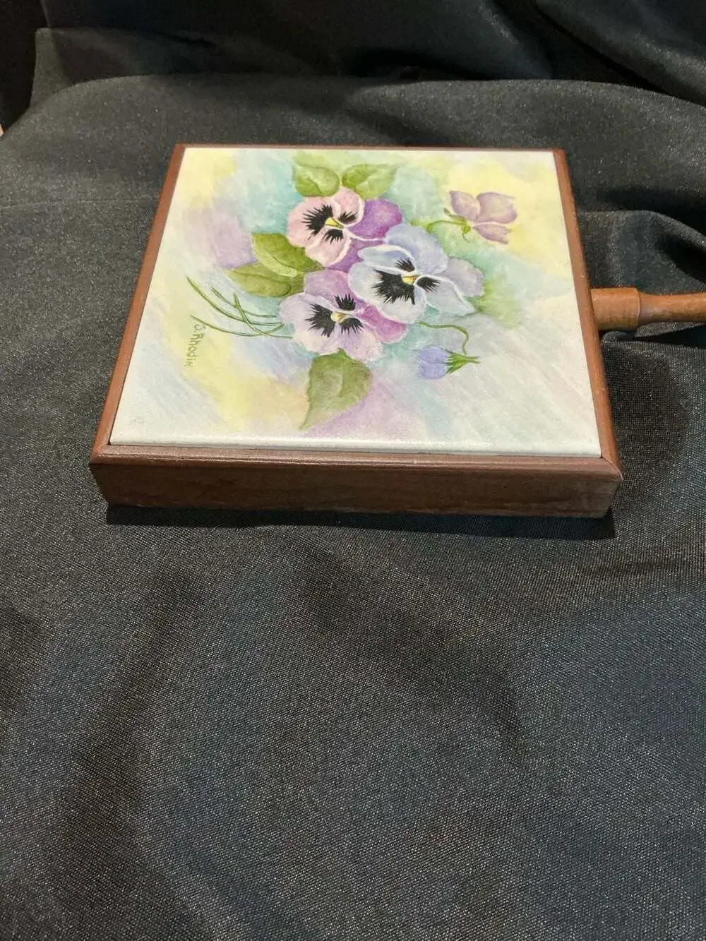 Franciscan Tile Wooden Handle Trivet Pansies J. Rhodin
